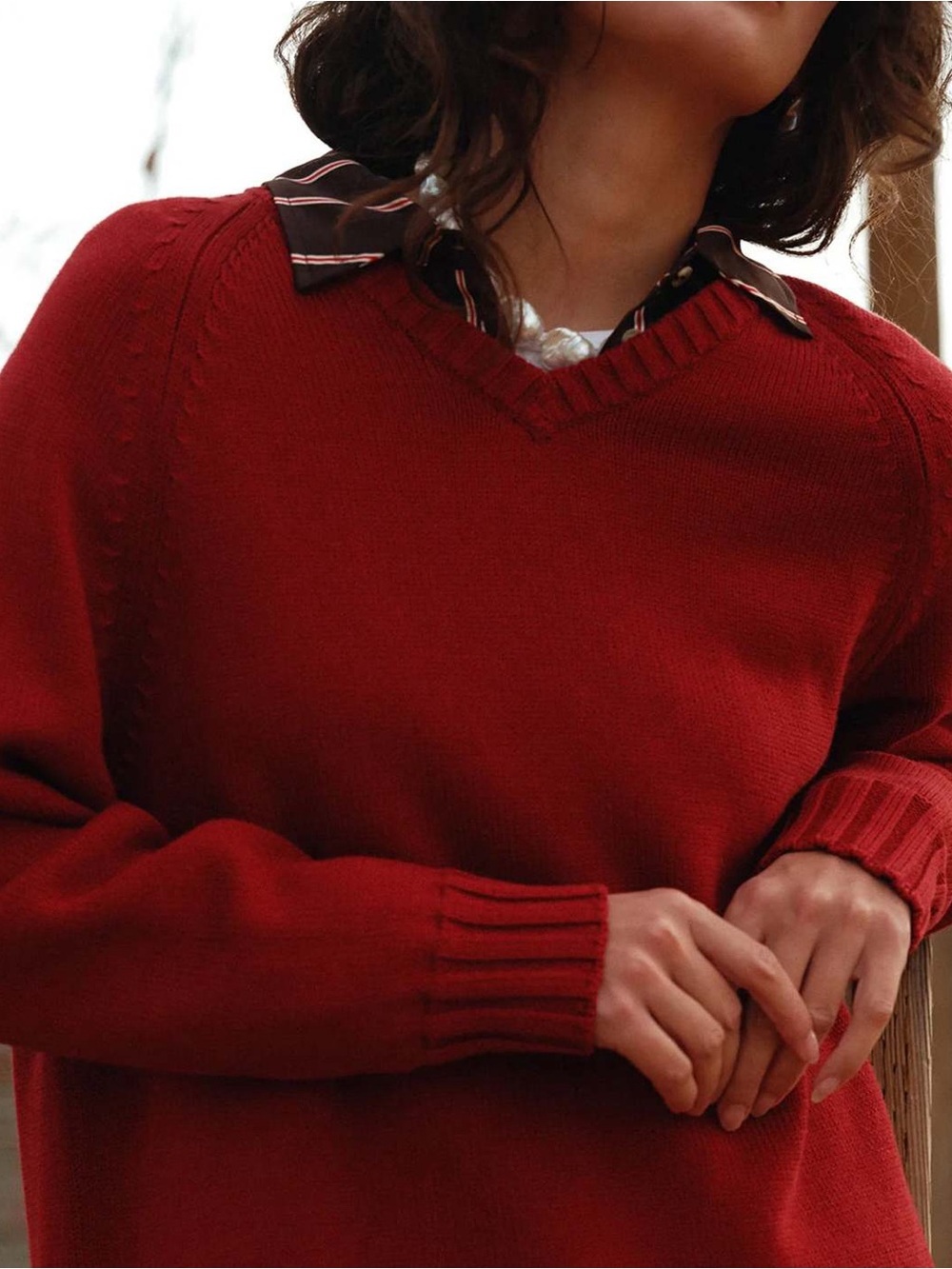 DONNI. Cotton Cashmere V-Neck Sweater in Rouge - Picture 3 of 10